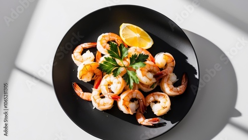 Freshly Cooked Shrimp With Lemon and Parsley on a Black Plate. photo