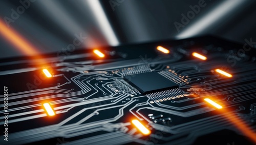 Futuristic circuit board design with glowing orange lights on dark background. photo