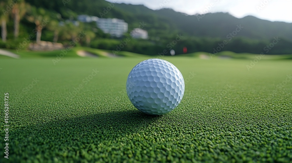 Close-up of a white golf ball on a green putting green with a blurred background of a golf course. Close-up of a white golf ball on a green putting green with a blurred background of a golf course.
