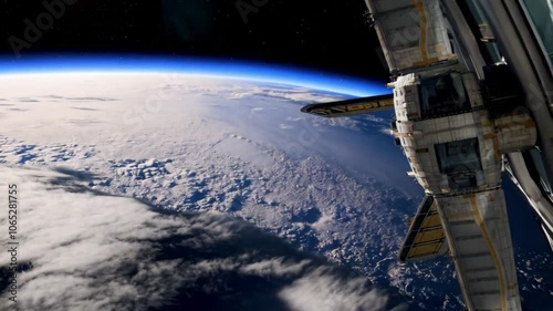 Detailed view of a space station orbiting Earth showcasing Earths surface and clouds from space 4k animation