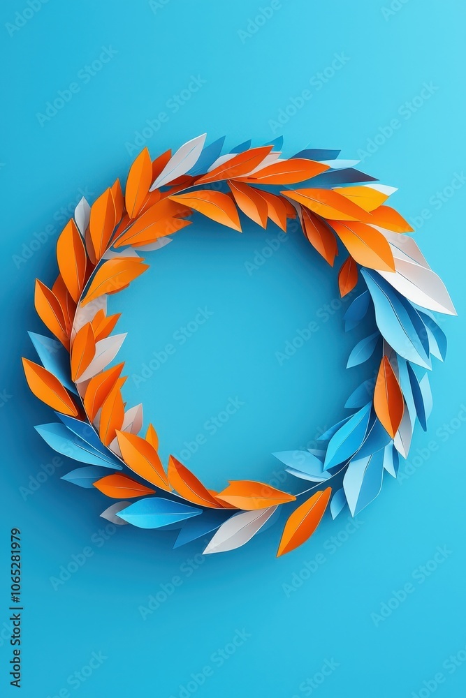 Obraz premium A blue background with a wreath of orange and blue leaves