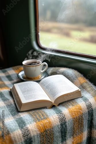 Open book and hot coffee cup on a plaid blanket, set against a snowy view from a train window on a winter day.