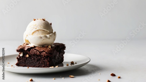 Delicious chocolate brownie topped with vanilla ice cream and nuts.