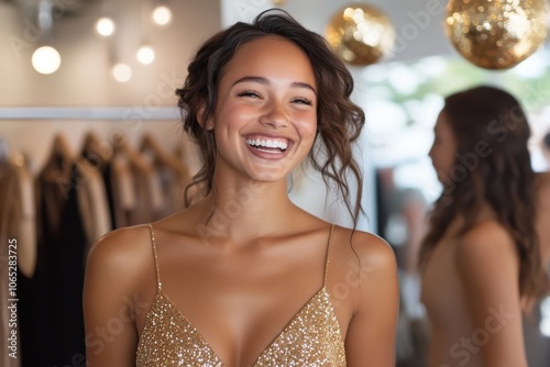 In a glittering gold dress, a woman's vibrant smile lights up an enchanting scene filled with sparkle, epitomizing joy, glamour, and festive cheer. photo