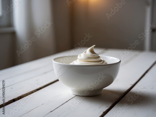 Simple white bowl with cream on a wooden table indoors. photo