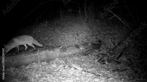 Red  fox is looking for prey in snowless winter forest