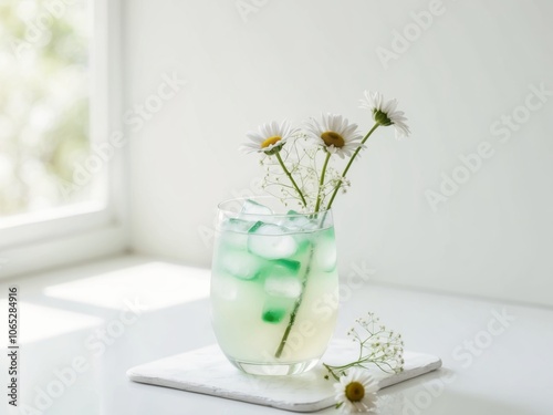 Iced summer drink in a clear glass with flowers.