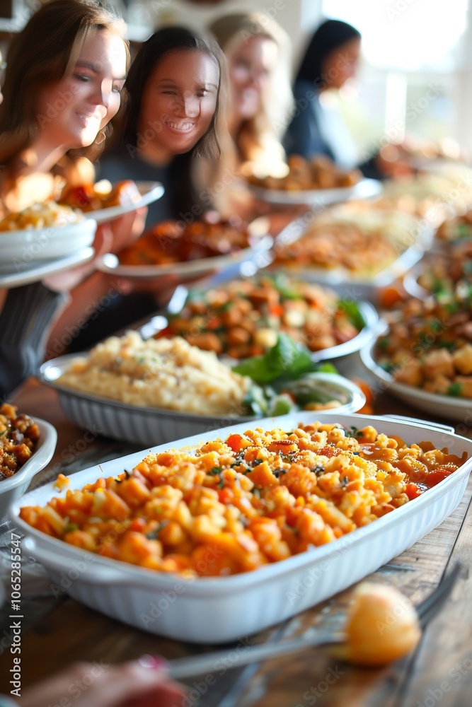 Fototapeta premium Happy Friends Sharing a Delicious Thanksgiving Feast, Festive Gathering Around Table Laden with Food