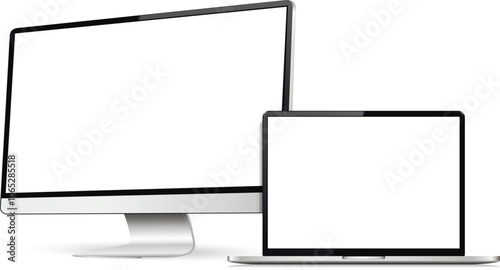 Computer and laptop with white screen isolated