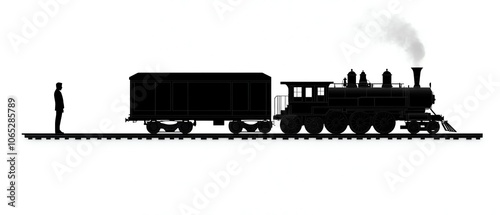 Silhouette of a steam train with a figure on a railway track, white isolated background. photo