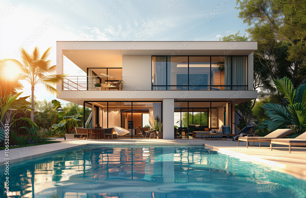 Fototapeta premium A contemporary villa showcases large glass windows that reflect the vibrant sunset