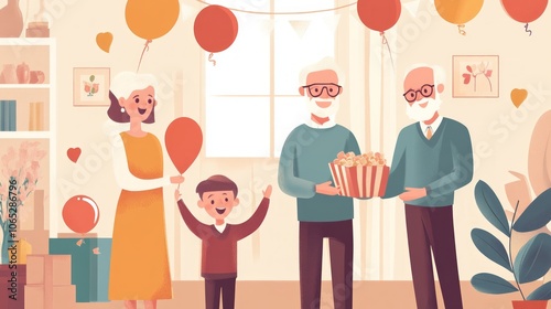 Happy Family Celebration with Balloons and Snacks