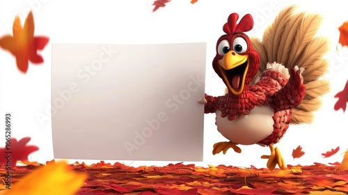 Cheerful Cartoon Turkey with Blank Sign Surrounded by Autumn Leaves