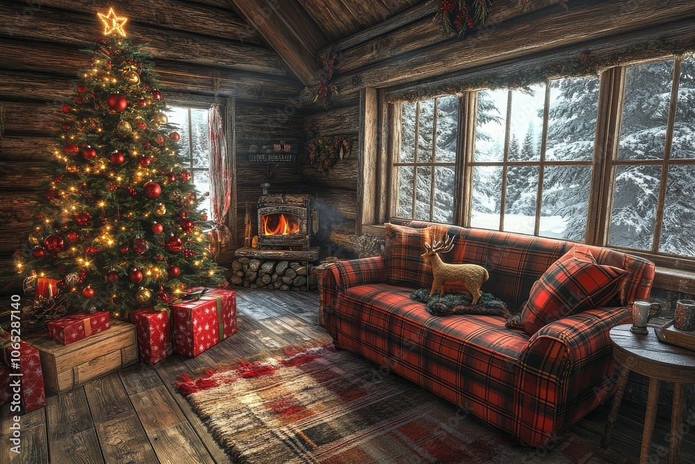 Cozy log cabin interior with red and gold Christmas tree, plaid armchair, wooden walls, and open window showing nature outside. Cozy log cabin interior with red and gold Christmas tree, plaid armchair, wooden walls, and open window showing nature outside.