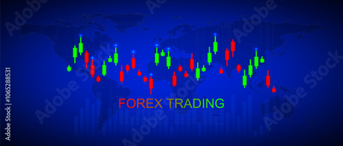 The Candlestick chart symbol symbolizes the potential for growth and financial gain with Candlestick, the interconnectedness of the global economy concept where currency values fluctuate constantly