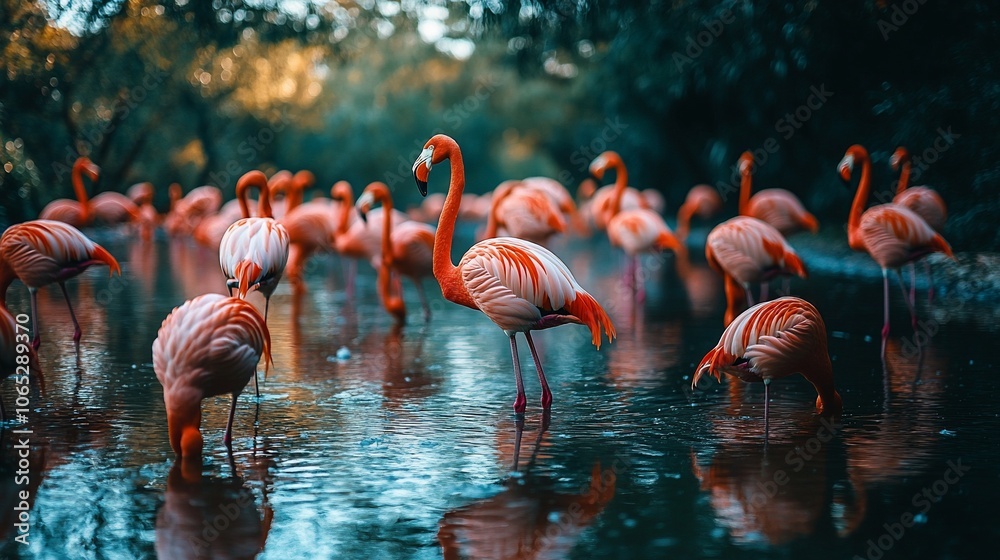 Obraz premium A flock of pink flamingos stand in a shallow body of water, with their reflections visible in the water.