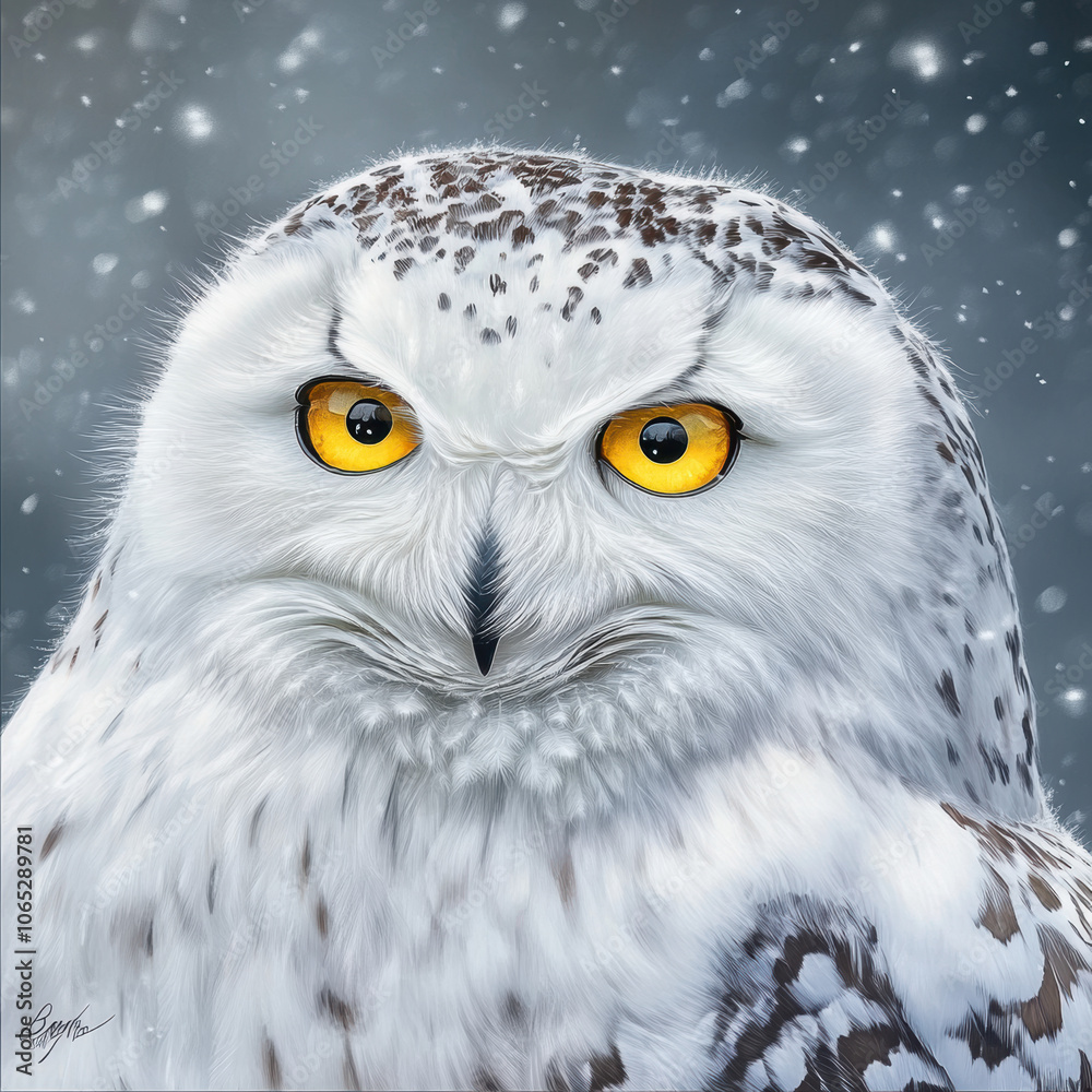 Obraz premium Rare Snowy Owl with Bright Yellow Eyes in Snowy Setting