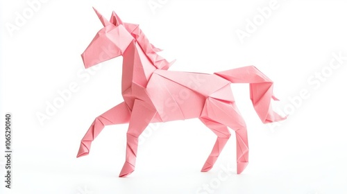 Pink Origami Unicorn Figure on White Background