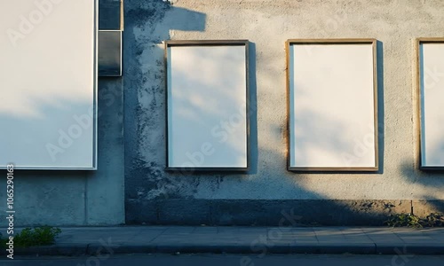 Blank white vertical banners on building facade design mockup Store flags mock up on the street Outdoor bannerets template on the side of the shop exterior Three signs hanging on the wall photo