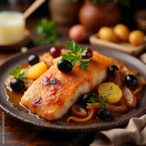 Gourmet baked fish with glazed onions and grapes on rustic plate, Bacalhau photo