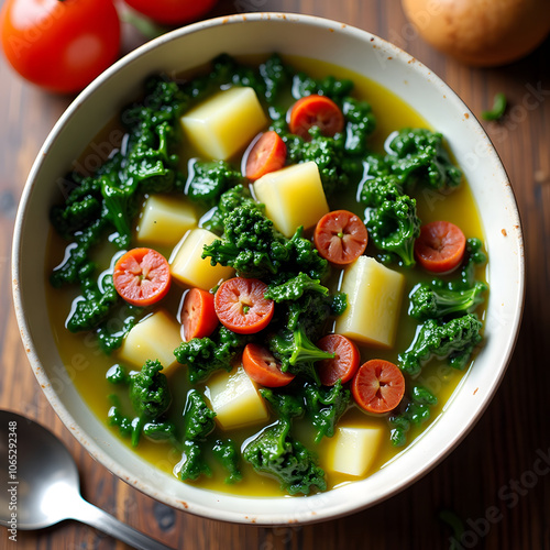 Healthy kale and tomato soup with potatoes in a rustic bowl, Caldo Verde