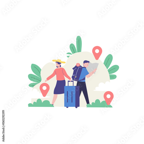 Couple traveling with luggage and map, location markers. Suitable for travel blogs, vacation brochures, adventure websites, and tourist promotions.