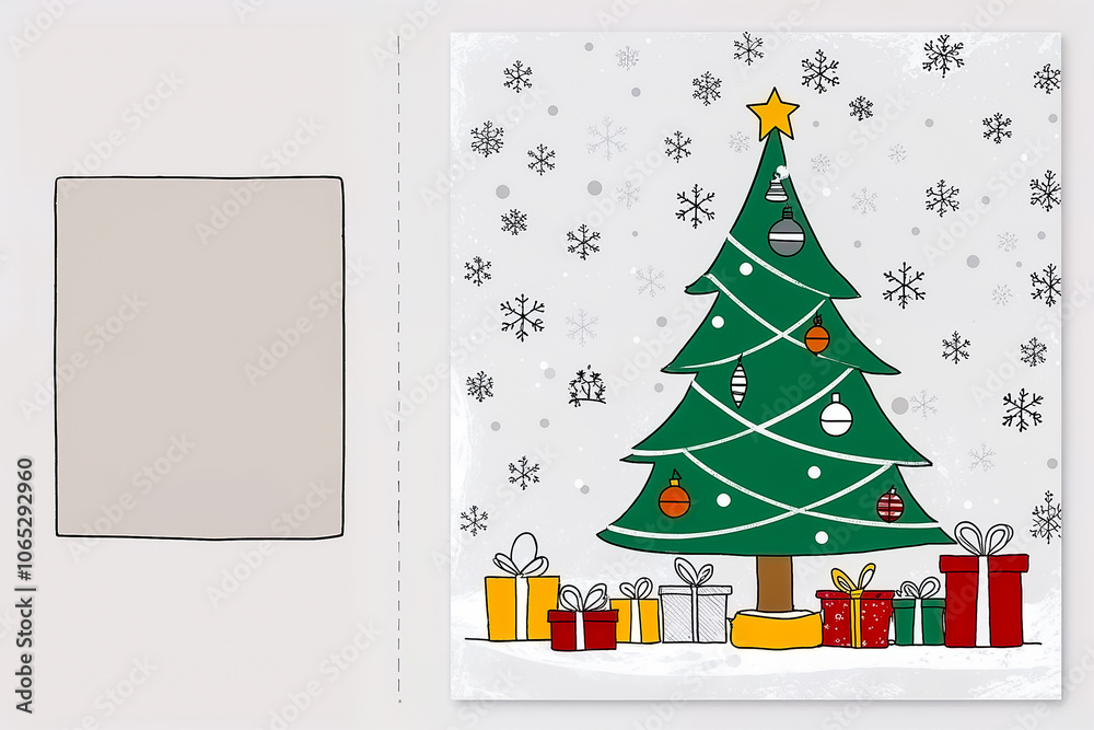 Naklejka premium Christmas Tree, Decorations and Gifts on with a minimalist snowflake background. Christmas scene capturing the magical holiday spirit, perfect for greeting cards or seasonal promotions