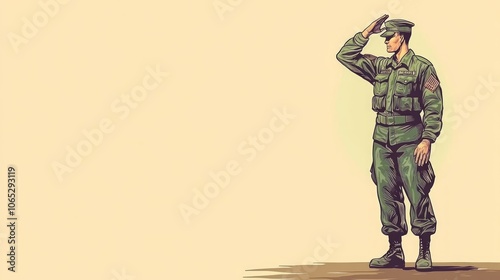 Saluting Soldier in Military Uniform Against a Plain Background