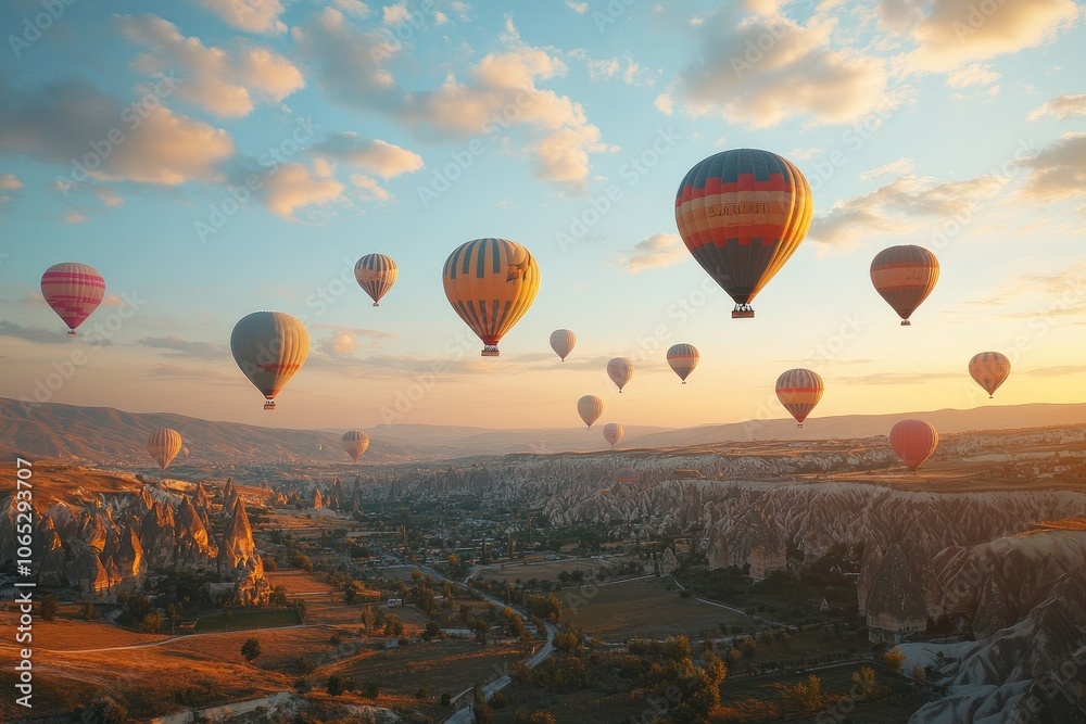 Fototapeta premium Hot air balloons flying over cappadocia at sunrise