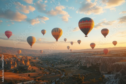 Hot air balloons flying over cappadocia at sunrise photo