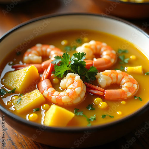 Delicious shrimp and corn soup with fresh lime and cilantro garnish, Chupe de Camarone photo