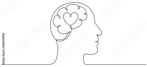 Human brain and heart inside head continuous line drawing. Rationality with emotions connection concept. Vector illustration isolated on white.