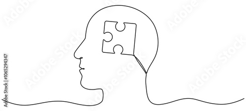 Human head with puzzle inside continuous line drawn. Mental order concept. Vector illustration isolated on white.