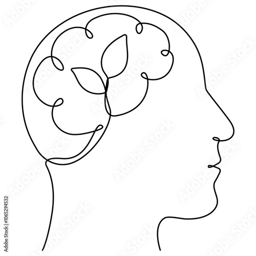 Human head with leaves inside continuous line drawn. Mental health concept. Self care symbol. Vector illustration isolated on white.