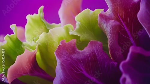 Vibrant lettuce leaves, a close-up showcasing rich greens and purples against a bold magenta background. Nature's artistry!