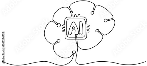 Continuous line drawing head artificial intelligence technology robot brain. Vector illustration isolated on white.