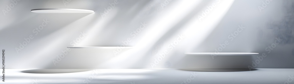 custom made wallpaper toronto digitalThree White Circular Platforms Against a White Wall with Sunlight Streaming Through