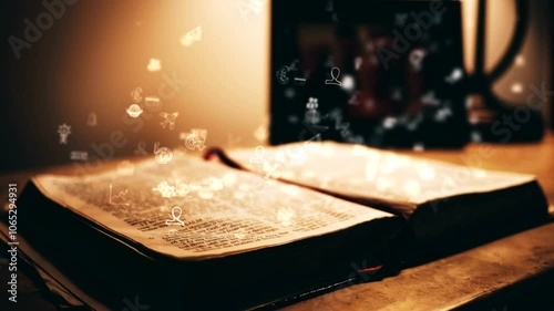 Social media icons flying on the book