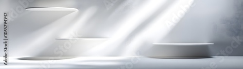 Wallpaper Mural Three White Circular Platforms Against a White Wall with Sunlight Streaming Through Torontodigital.ca