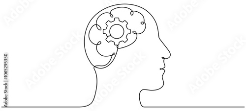 Head with gear wheel inside. Cogwheel continuous one line drawing. Robot symbol. Moving linear cog gear. Vector illustration isolated on white.