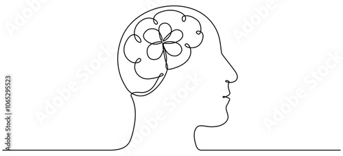 Human head with flower inside continuous line drawn. Mental health concept. Self care and love symbol. Vector illustration isolated on white.