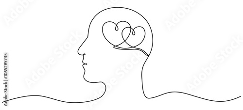Head with two hearts inside continuous line drawn. Falling in love symbol. Vector illustration isolated on white.