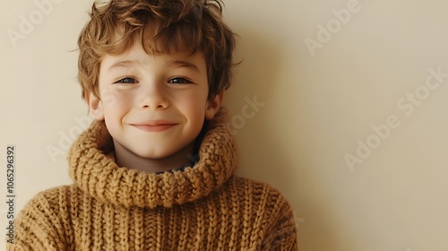 Adorable boy in a warm, cozy knit sweater, smiling sweetly against a cream backdrop. Pure joy! photo