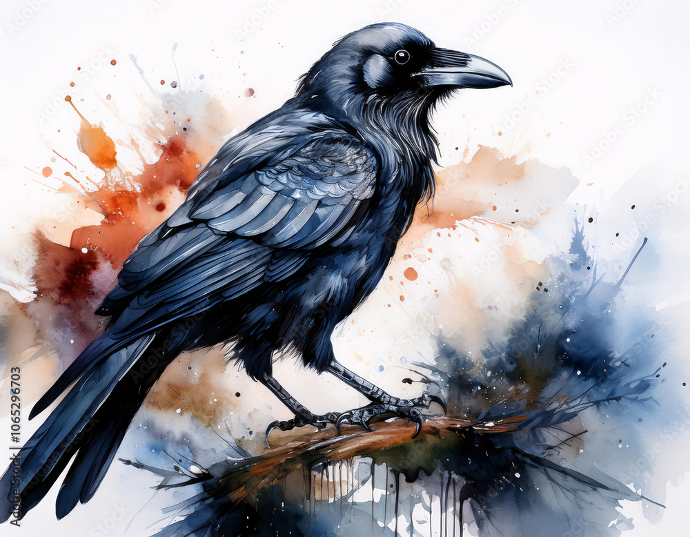 Fototapeta premium A detailed watercolor painting of a raven, its head turned to the side, set against a vibrant background of blue and yellow hues