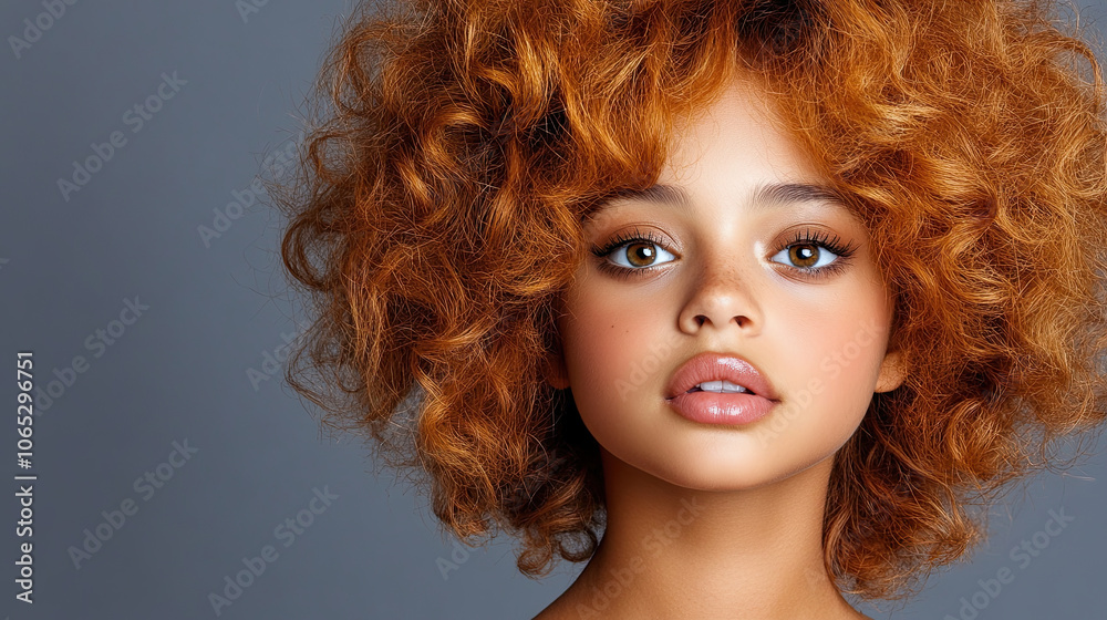 Fototapeta premium woman with textured hair and golden highlights, showcasing her natural beauty and confidence. Her expressive eyes and soft lips enhance her captivating look