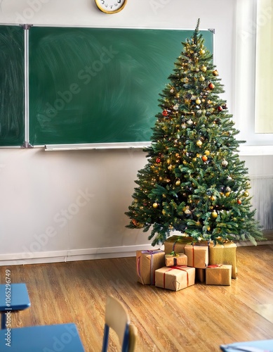 Christmas tree at school classroom next to chalkboard photo