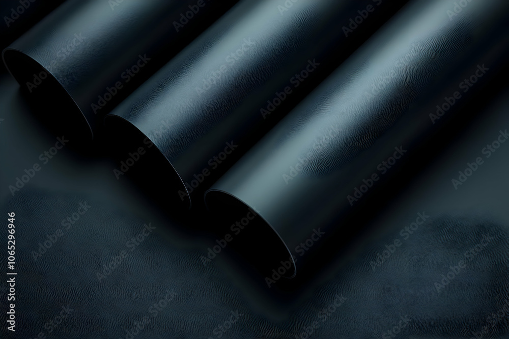 Three black cylindrical objects arranged in a row against a dark background. Three black cylindrical objects arranged in a row against a dark background.
