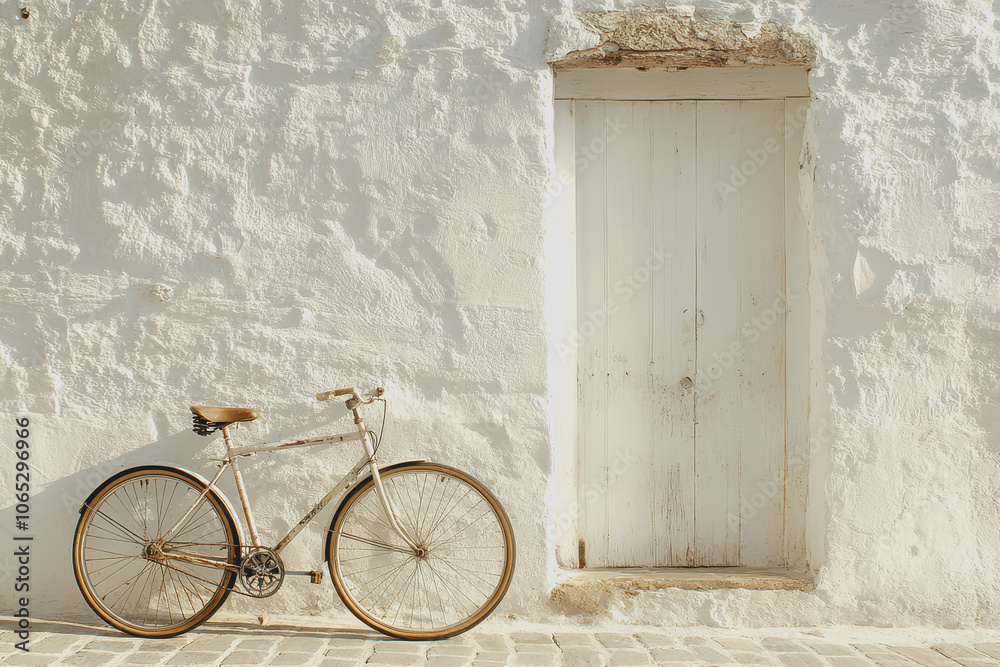 Fototapeta premium Vintage Bicycle Leaning Against White Wall