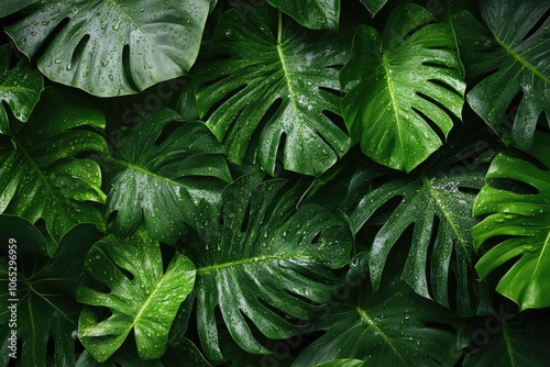 Close-up of fresh green monstera leaves with water droplets creating a vibrant tropical backdrop photo