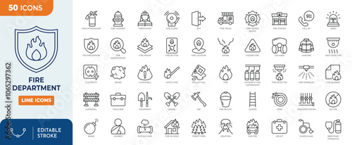Fire department line editable icon set. Containing fire, fire hose, firefighter, extinguisher, fire engine, sprinkler system, burning house, and more. Editable stroke. Vector illustration	